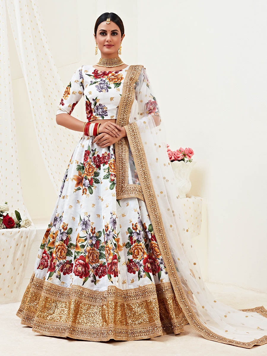 Myra White Floral Print Embroidered Designer Lehenga - Distacart