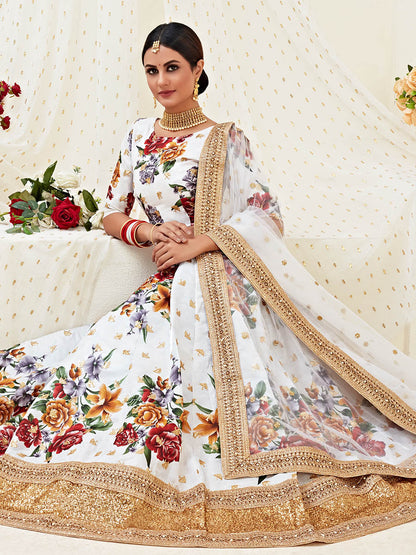 Myra White Floral Print Embroidered Designer Lehenga - Distacart