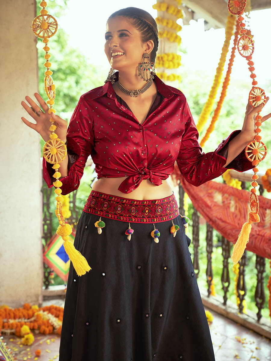 Myra Maroon & Black Cotton Embroidered Navratri Special Lehenga - Distacart