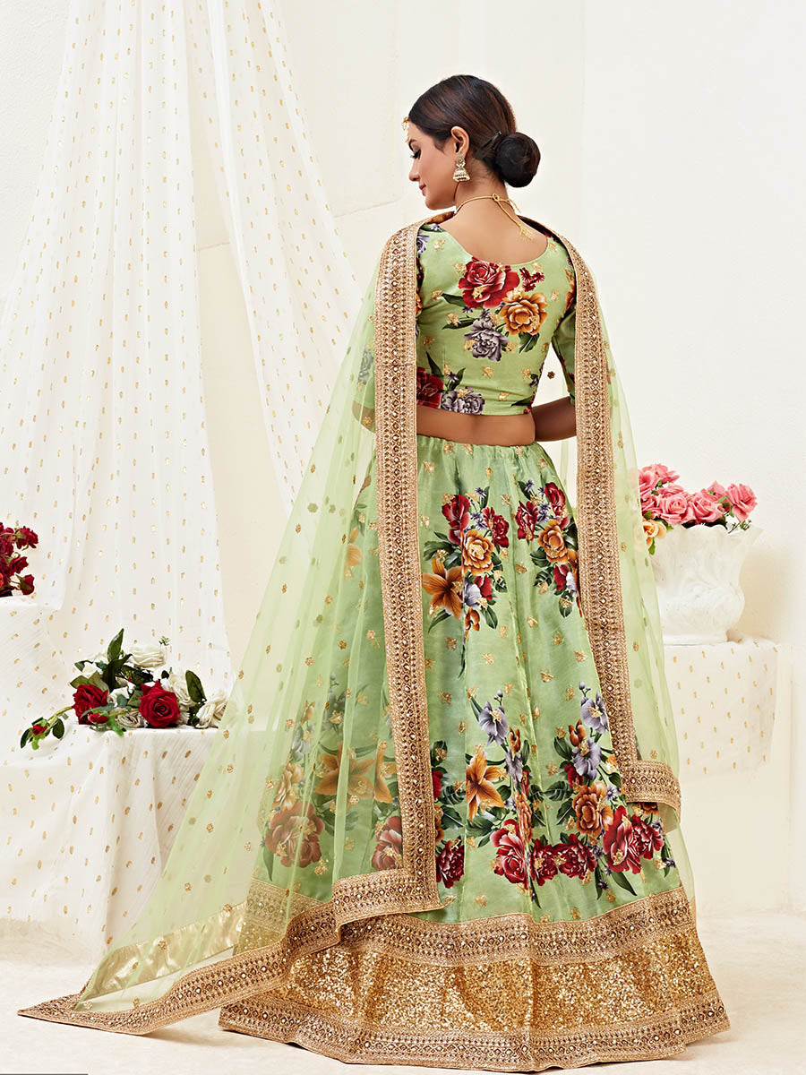 Myra Pista Floral Print Embroidered Designer Lehenga - Distacart