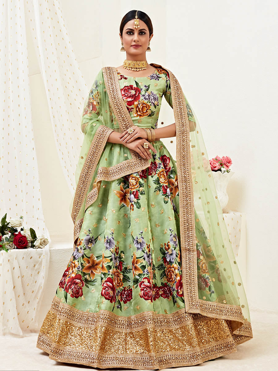 Myra Pista Floral Print Embroidered Designer Lehenga - Distacart