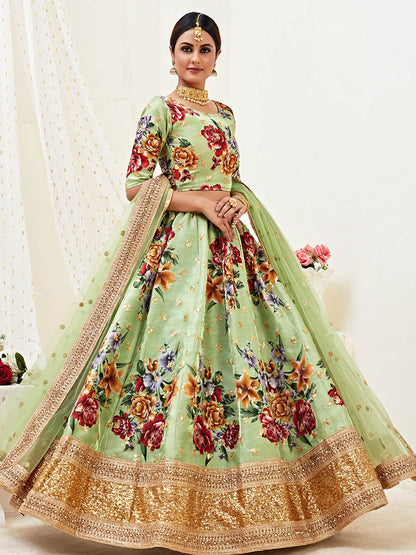 Myra Pista Floral Print Embroidered Designer Lehenga - Distacart