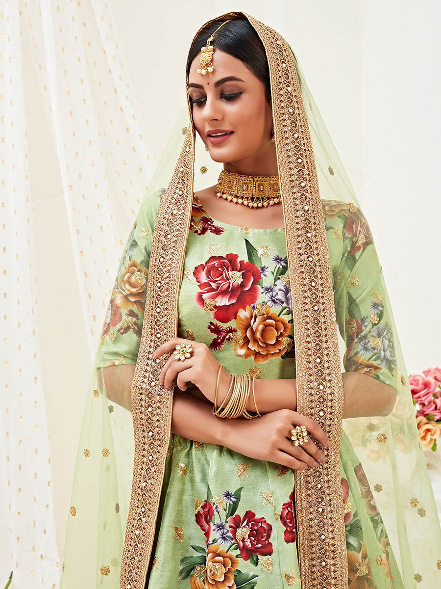 Myra Pista Floral Print Embroidered Designer Lehenga - Distacart