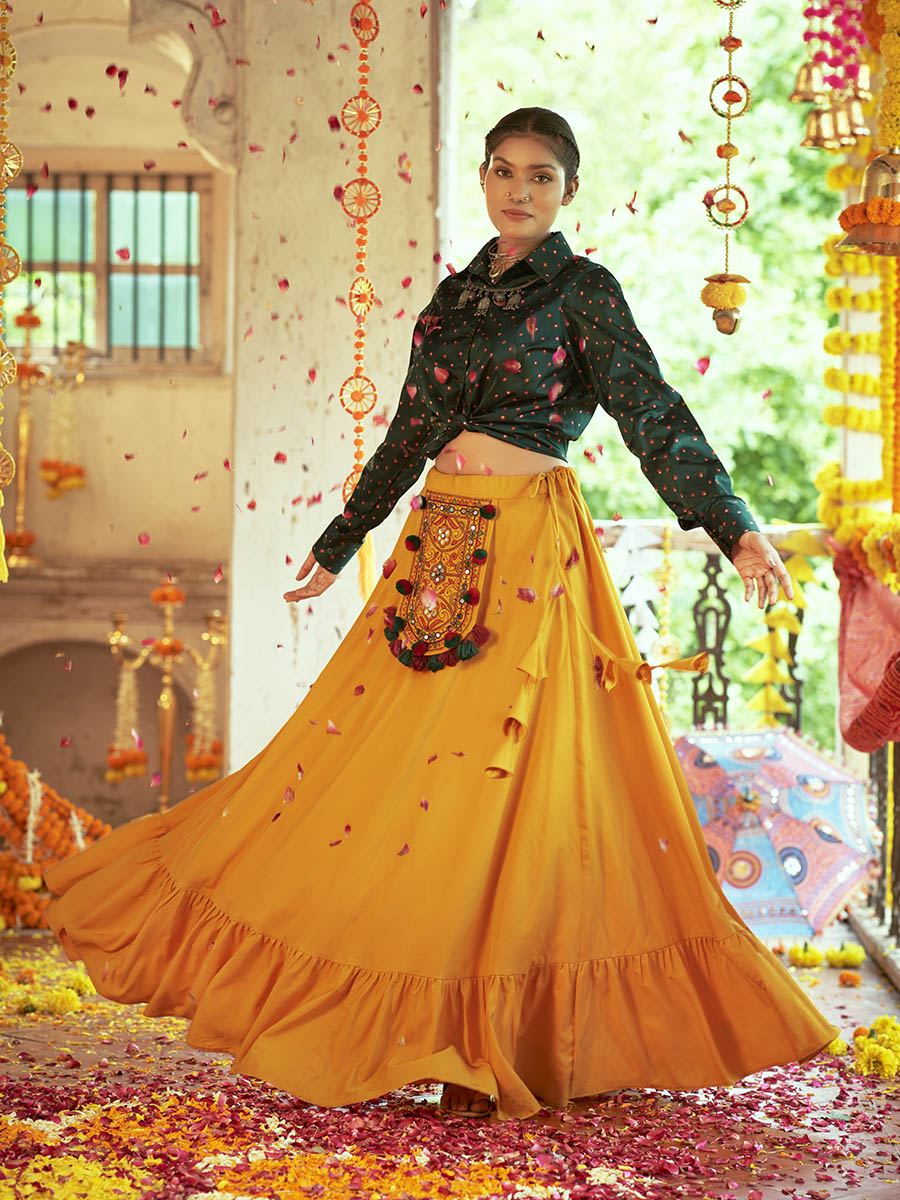 Myra Green & Musturd Yellow Cotton Embroidered Navratri Special Lehenga - Distacart