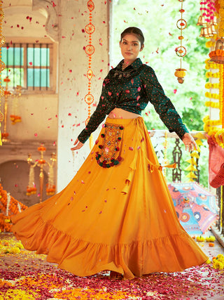 Myra Green & Musturd Yellow Cotton Embroidered Navratri Special Lehenga - Distacart