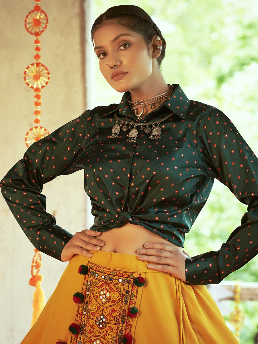 Myra Green & Musturd Yellow Cotton Embroidered Navratri Special Lehenga - Distacart