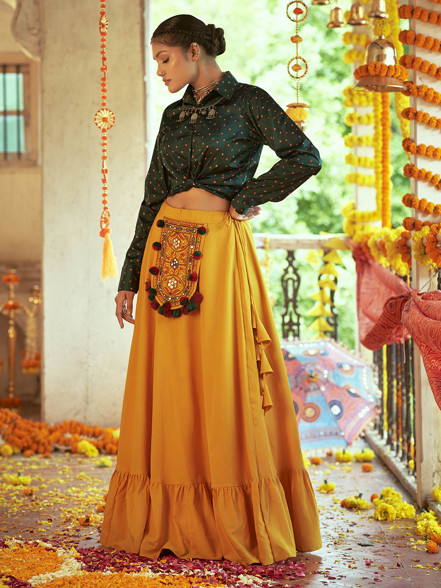 Myra Green & Musturd Yellow Cotton Embroidered Navratri Special Lehenga - Distacart