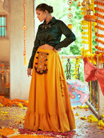 Thumbnail for Myra Green & Musturd Yellow Cotton Embroidered Navratri Special Lehenga - Distacart