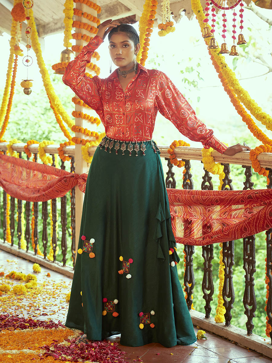 Myra Tomato Red & Green Cotton Embroidered Navratri Special Lehenga - Distacart
