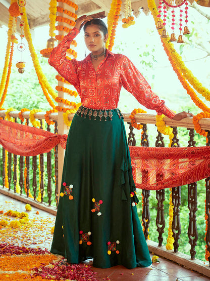Myra Tomato Red & Green Cotton Embroidered Navratri Special Lehenga - Distacart