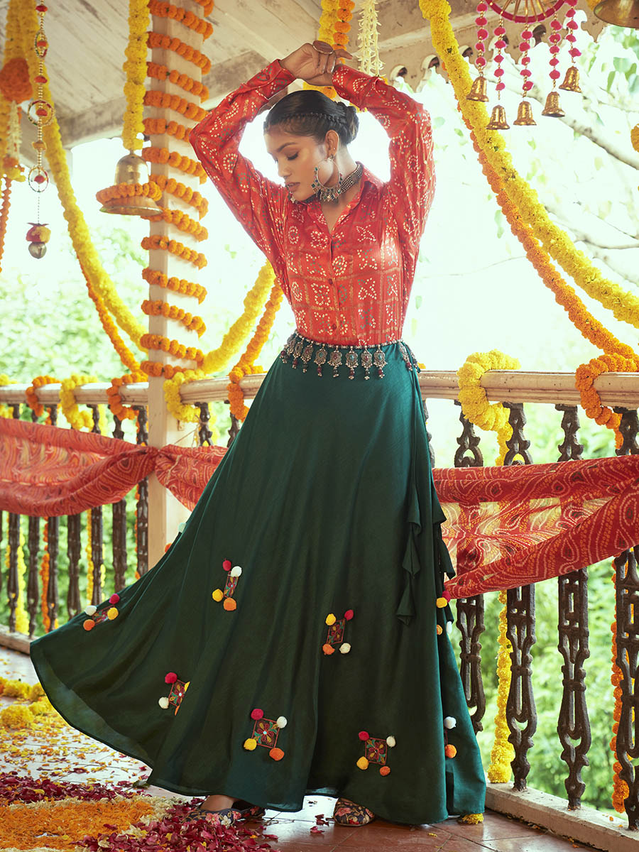 Myra Tomato Red & Green Cotton Embroidered Navratri Special Lehenga - Distacart