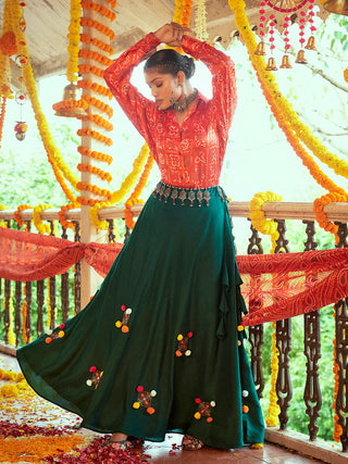 Myra Tomato Red & Green Cotton Embroidered Navratri Special Lehenga - Distacart
