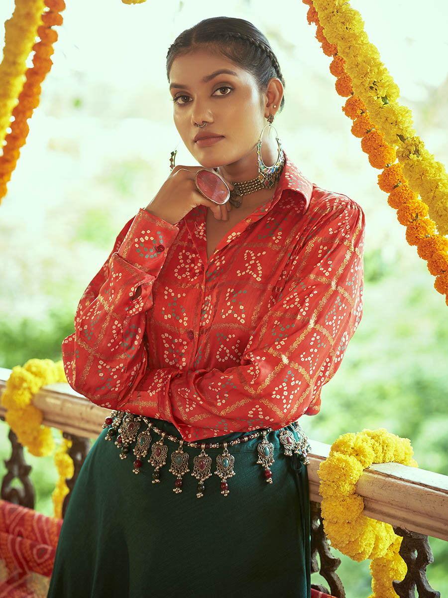 Myra Tomato Red & Green Cotton Embroidered Navratri Special Lehenga - Distacart