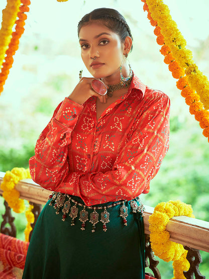Myra Tomato Red & Green Cotton Embroidered Navratri Special Lehenga - Distacart