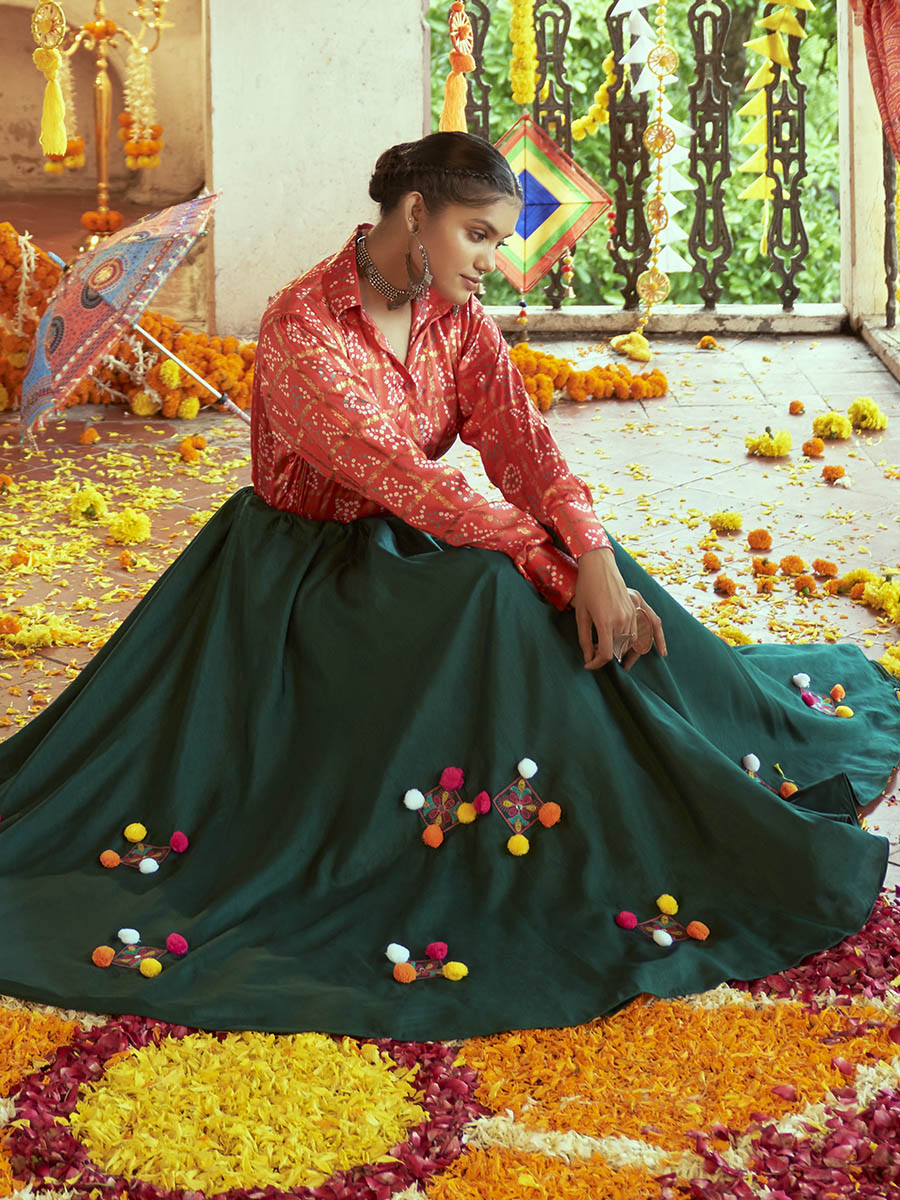 Myra Tomato Red & Green Cotton Embroidered Navratri Special Lehenga - Distacart