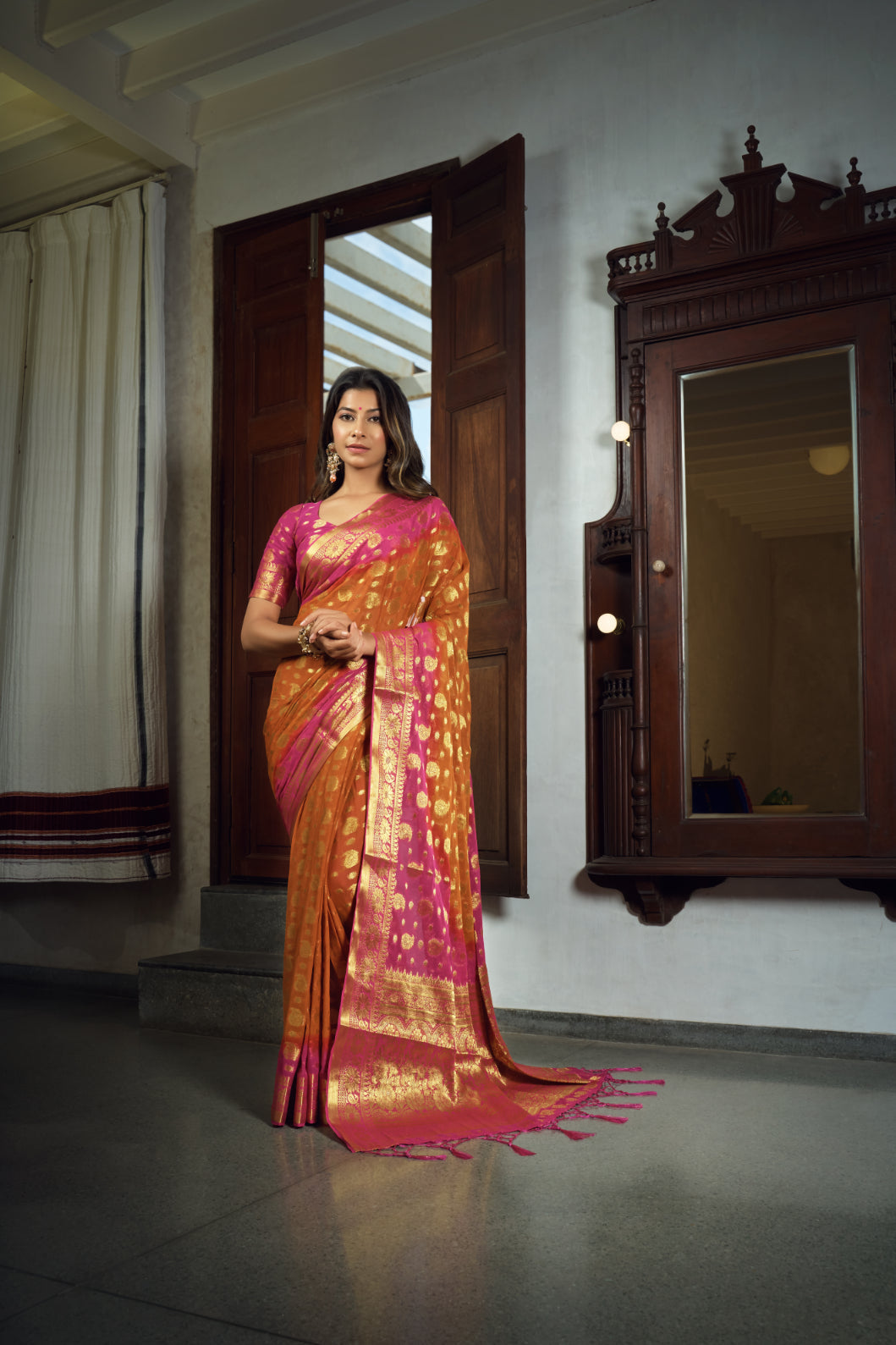 Vardha Sunset Orange Golden Zari Banarasi Chiffon Saree