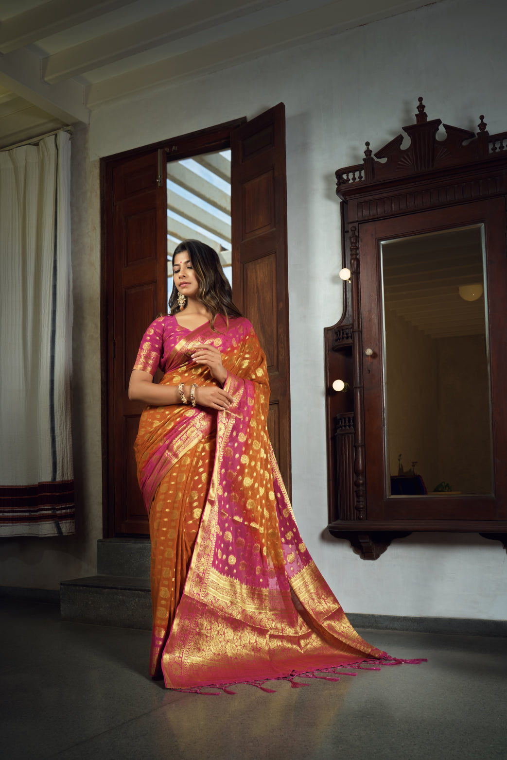Vardha Sunset Orange Golden Zari Banarasi Chiffon Saree