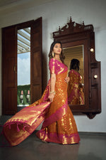 Thumbnail for Vardha Sunset Orange Golden Zari Banarasi Chiffon Saree