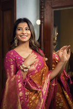 Thumbnail for Vardha Sunset Orange Golden Zari Banarasi Chiffon Saree