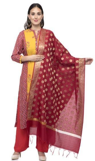 A R Silk Women's Chanderi Zari Embroidery Mehroon Fancy Dupatta