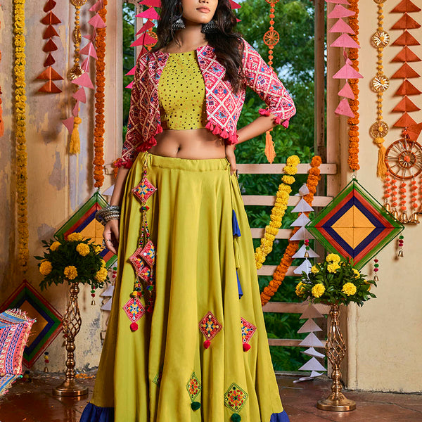 Myra Fluorescent Green Maslin Cotton Embroidered Navratri Special Lehenga - Distacart