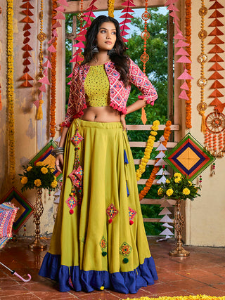 Myra Fluorescent Green Maslin Cotton Embroidered Navratri Special Lehenga - Distacart