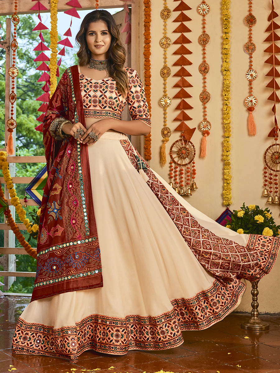 Myra Beige Maslin Cotton Embroidered Navratri Special Lehenga - Distacart