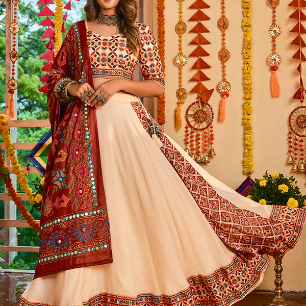 Myra Beige Maslin Cotton Embroidered Navratri Special Lehenga - Distacart