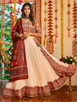 Thumbnail for Myra Beige Maslin Cotton Embroidered Navratri Special Lehenga - Distacart