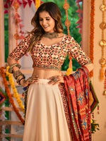 Thumbnail for Myra Beige Maslin Cotton Embroidered Navratri Special Lehenga - Distacart