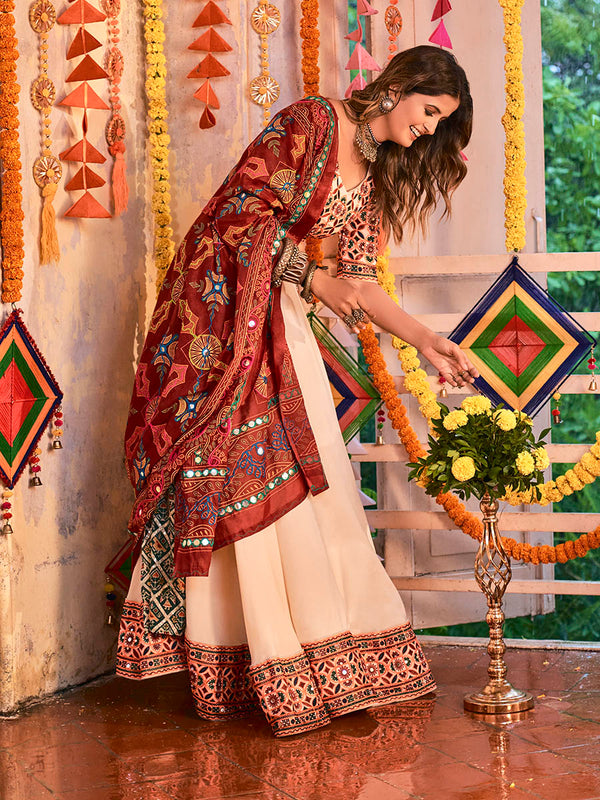 Myra Beige Maslin Cotton Embroidered Navratri Special Lehenga - Distacart