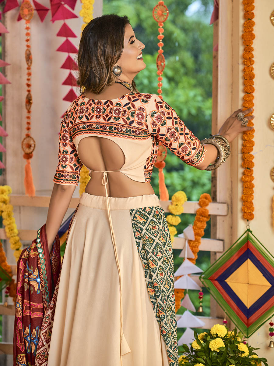 Myra Beige Maslin Cotton Embroidered Navratri Special Lehenga - Distacart