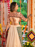 Thumbnail for Myra Beige Maslin Cotton Embroidered Navratri Special Lehenga - Distacart