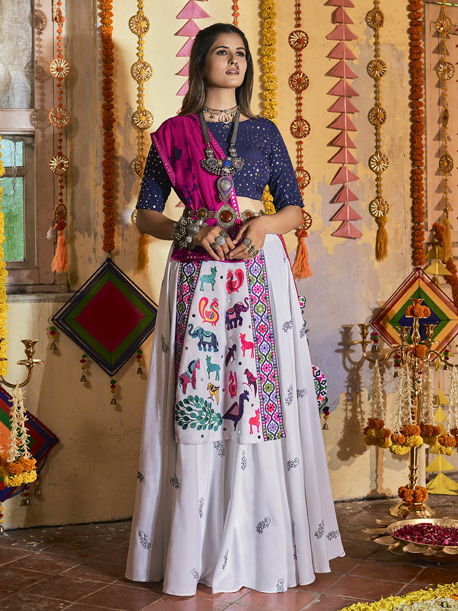 Myra White and Navy blue Maslin Cotton Embroidered Navratri Special Lehenga - Distacart