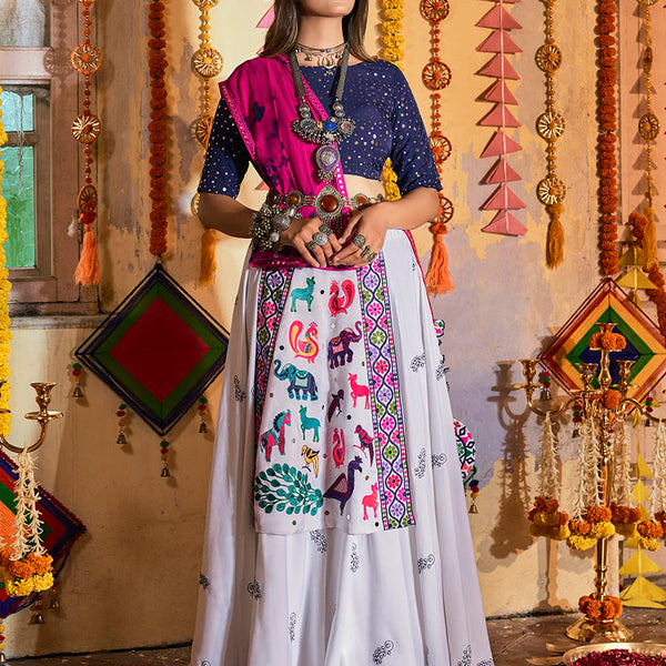 Myra White and Navy blue Maslin Cotton Embroidered Navratri Special Lehenga - Distacart