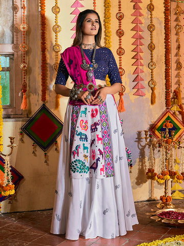 Myra White and Navy blue Maslin Cotton Embroidered Navratri Special Lehenga - Distacart