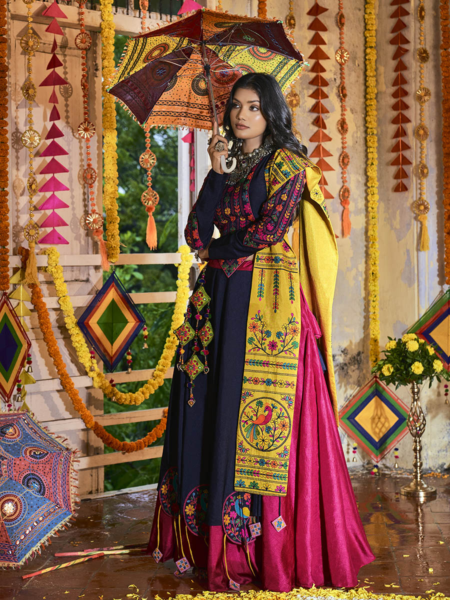 Myra Pink and Navy blue Silk Embroidered Navratri Special Lehenga - Distacart
