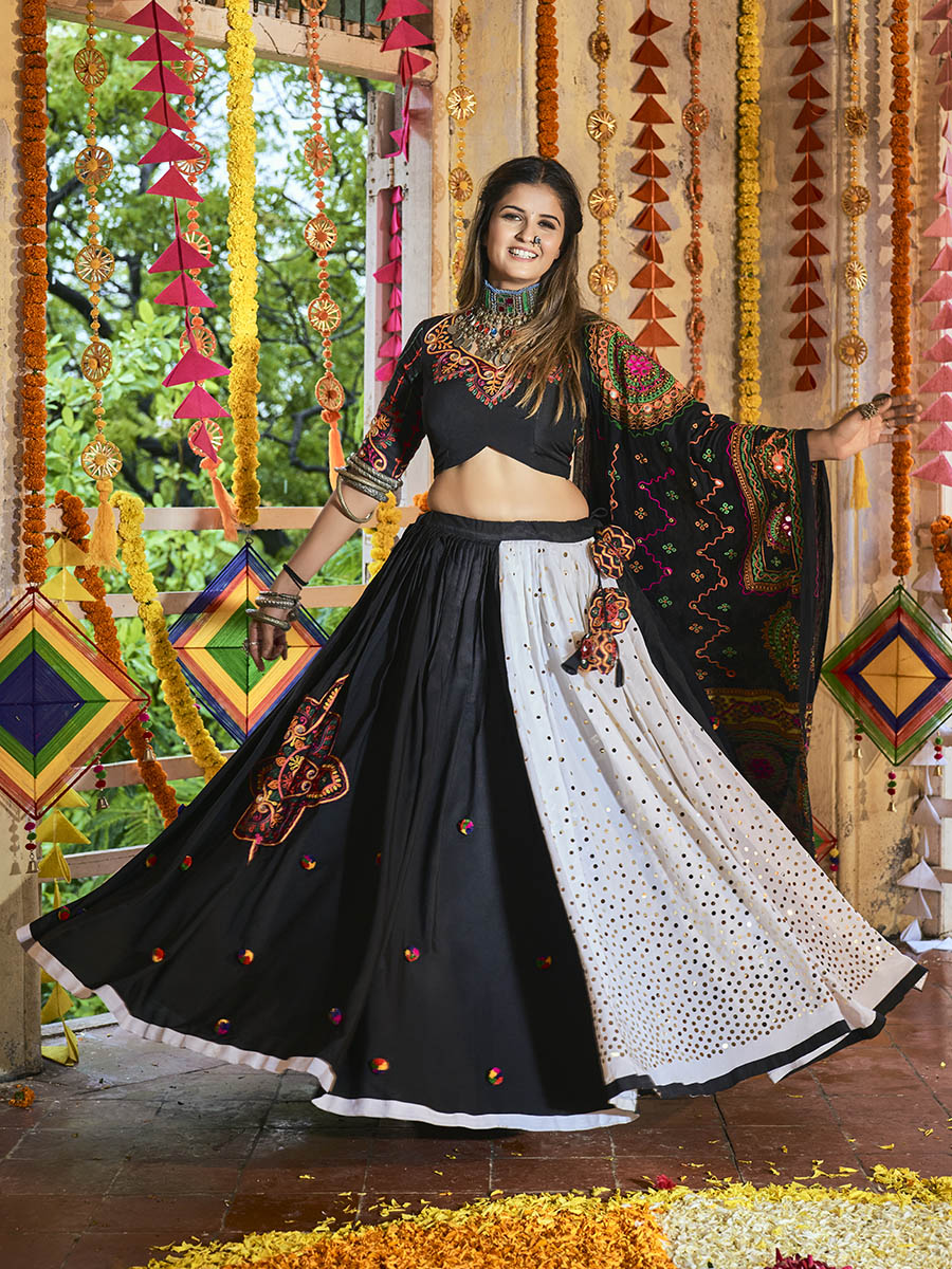 Myra Black and White Maslin Cotton Embroidered Navratri Special Lehenga - Distacart