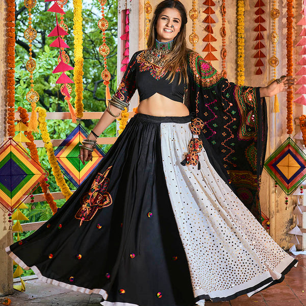 Myra Black and White Maslin Cotton Embroidered Navratri Special Lehenga - Distacart