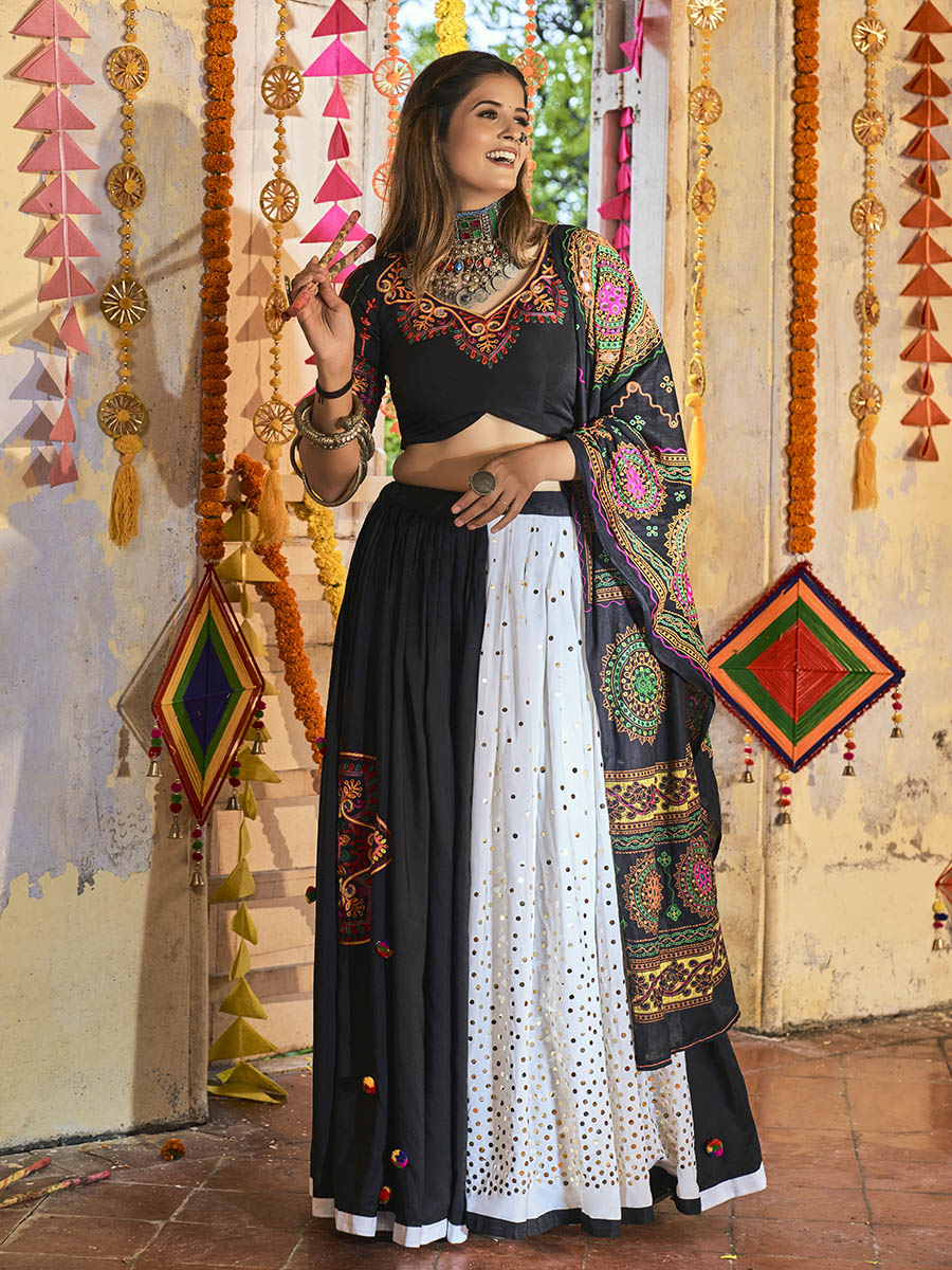 Myra Black and White Maslin Cotton Embroidered Navratri Special Lehenga - Distacart