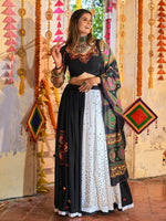 Thumbnail for Myra Black and White Maslin Cotton Embroidered Navratri Special Lehenga - Distacart