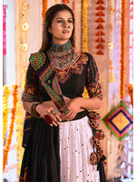Thumbnail for Myra Black and White Maslin Cotton Embroidered Navratri Special Lehenga - Distacart
