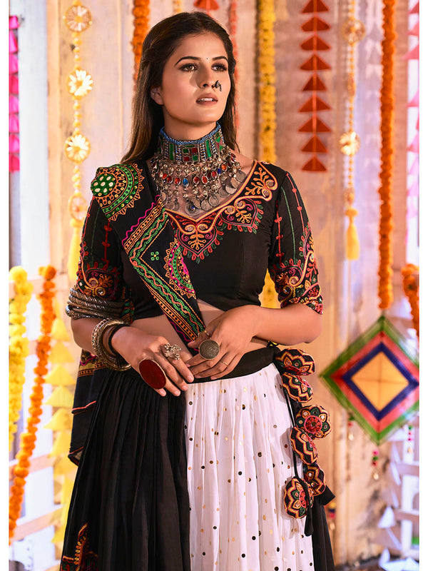 Myra Black and White Maslin Cotton Embroidered Navratri Special Lehenga - Distacart