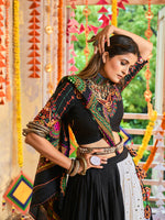 Thumbnail for Myra Black and White Maslin Cotton Embroidered Navratri Special Lehenga - Distacart