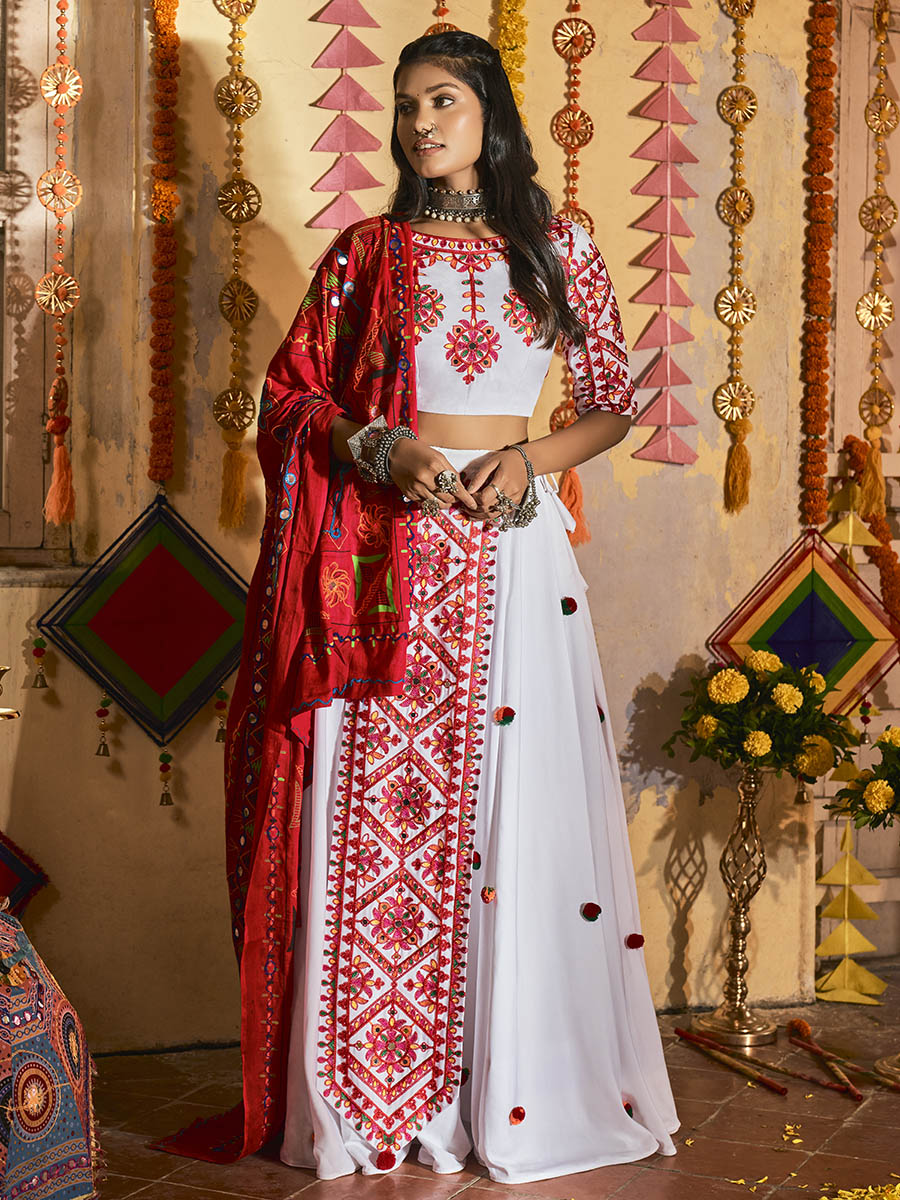 Myra White Maslin Cotton Embroidered Navratri Special Lehenga - Distacart