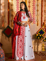 Thumbnail for Myra White Maslin Cotton Embroidered Navratri Special Lehenga - Distacart