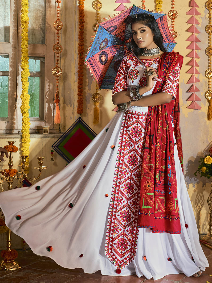 Myra White Maslin Cotton Embroidered Navratri Special Lehenga - Distacart