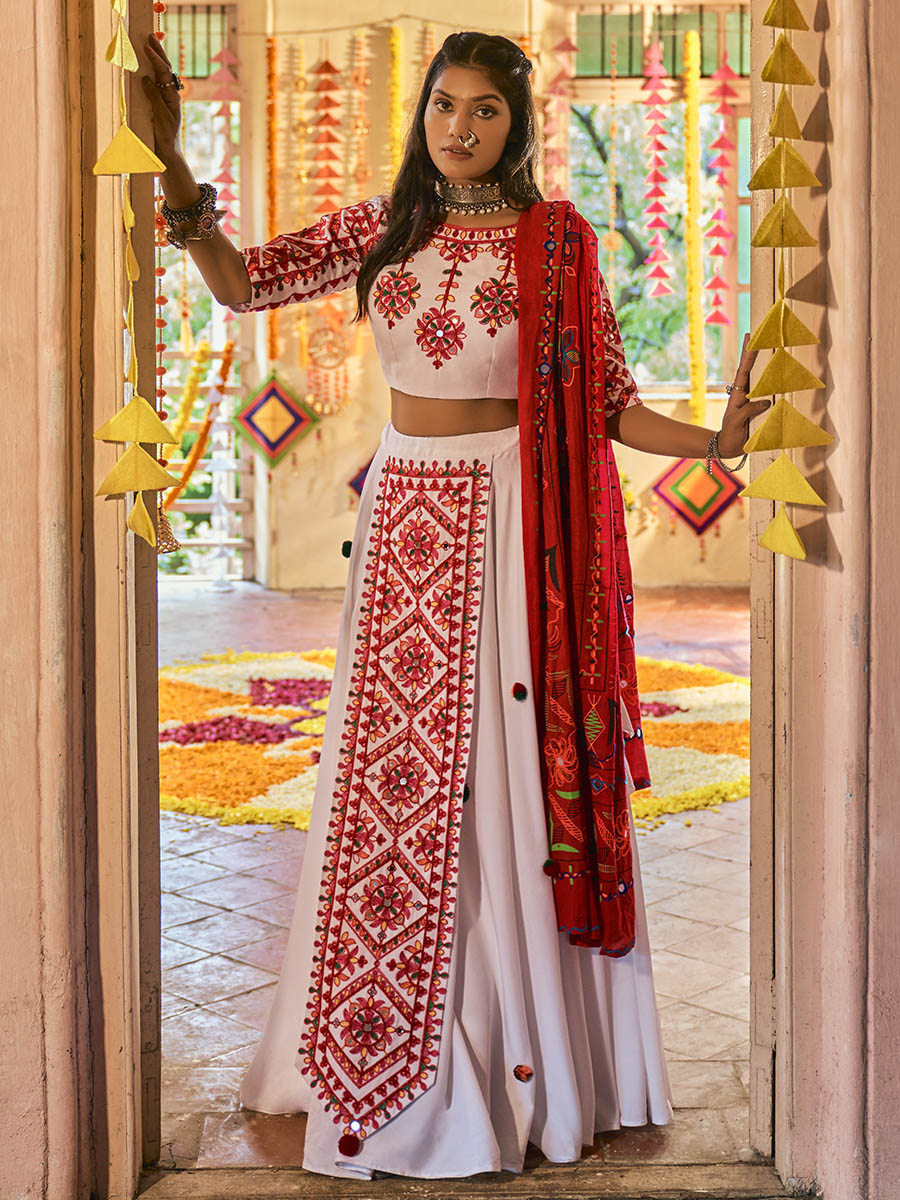 Myra White Maslin Cotton Embroidered Navratri Special Lehenga - Distacart