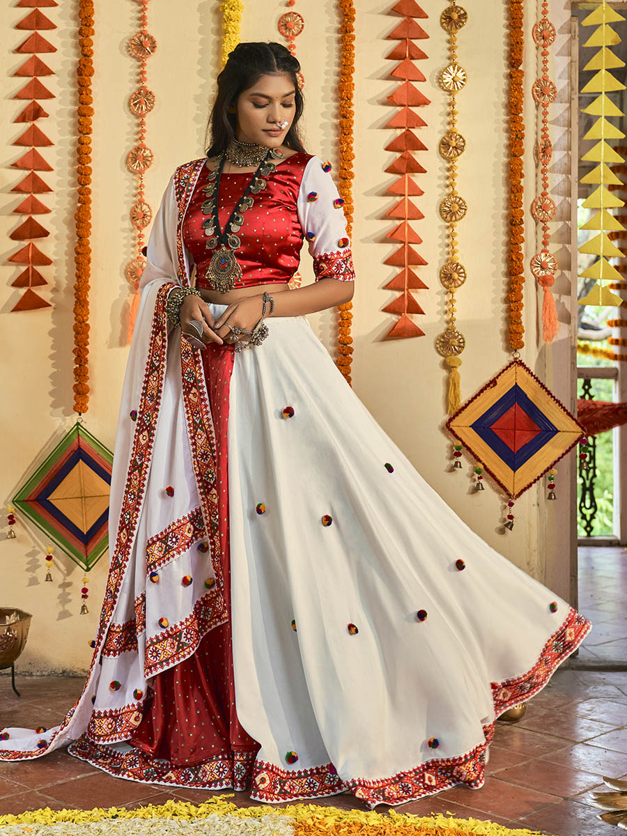 Myra White and Red Maslin Cotton Embroidered Navratri Special Lehenga - Distacart