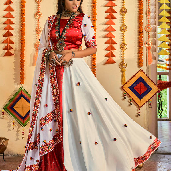 Myra White and Red Maslin Cotton Embroidered Navratri Special Lehenga - Distacart